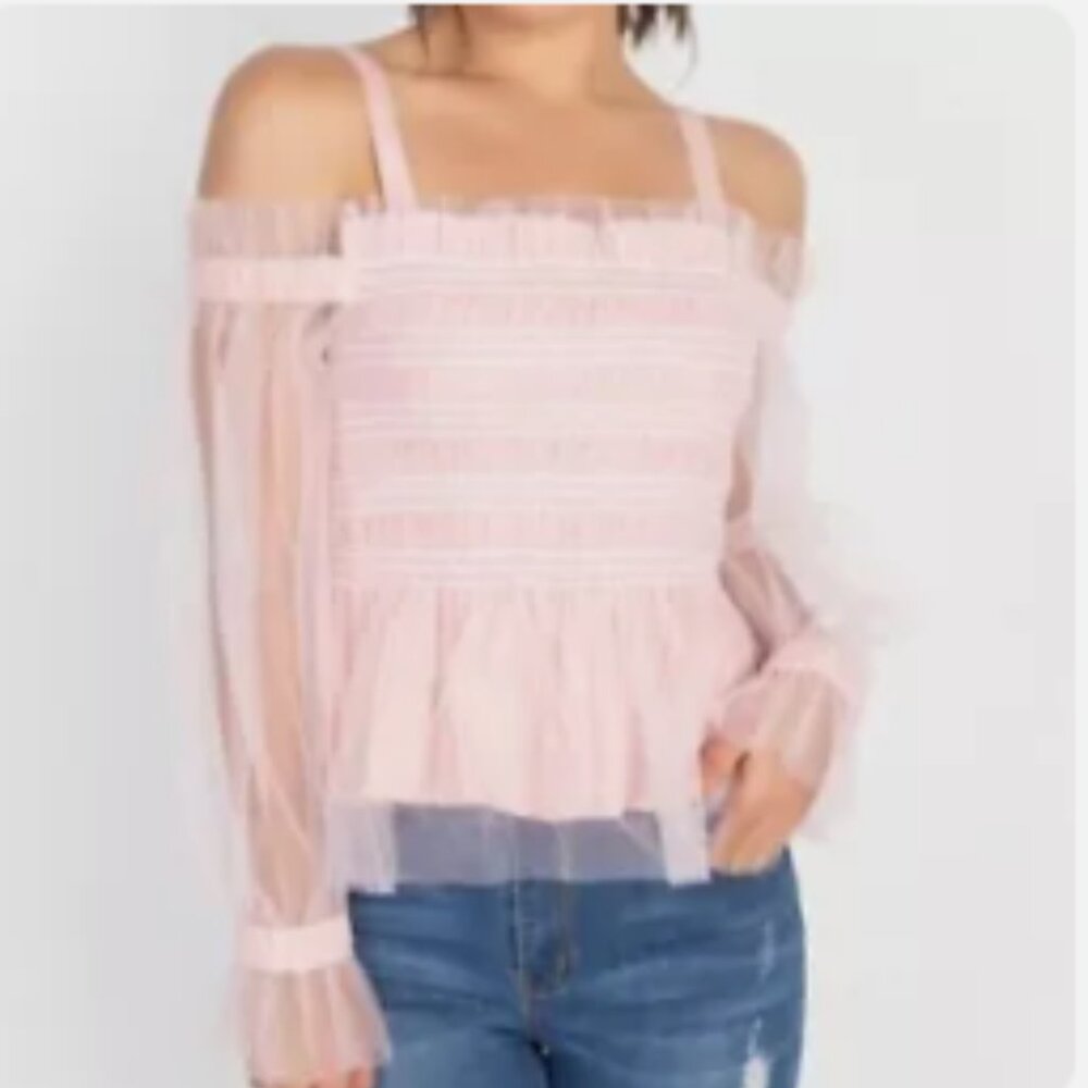 IRIS- Pink Mesh Ruffle Babydoll Top Size M